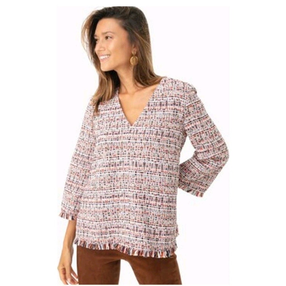 Tuckernuck Belfast Blouse Tweed V-Neck Fringe Trim Relaxed Fit Size Small